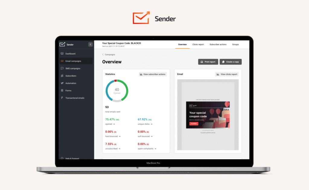Sender email reports mockup